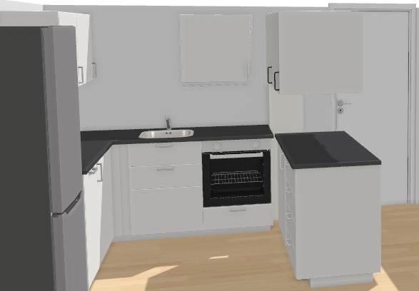 Skisse av benk og overskap som skal installeres på kjøkken før overtagelse